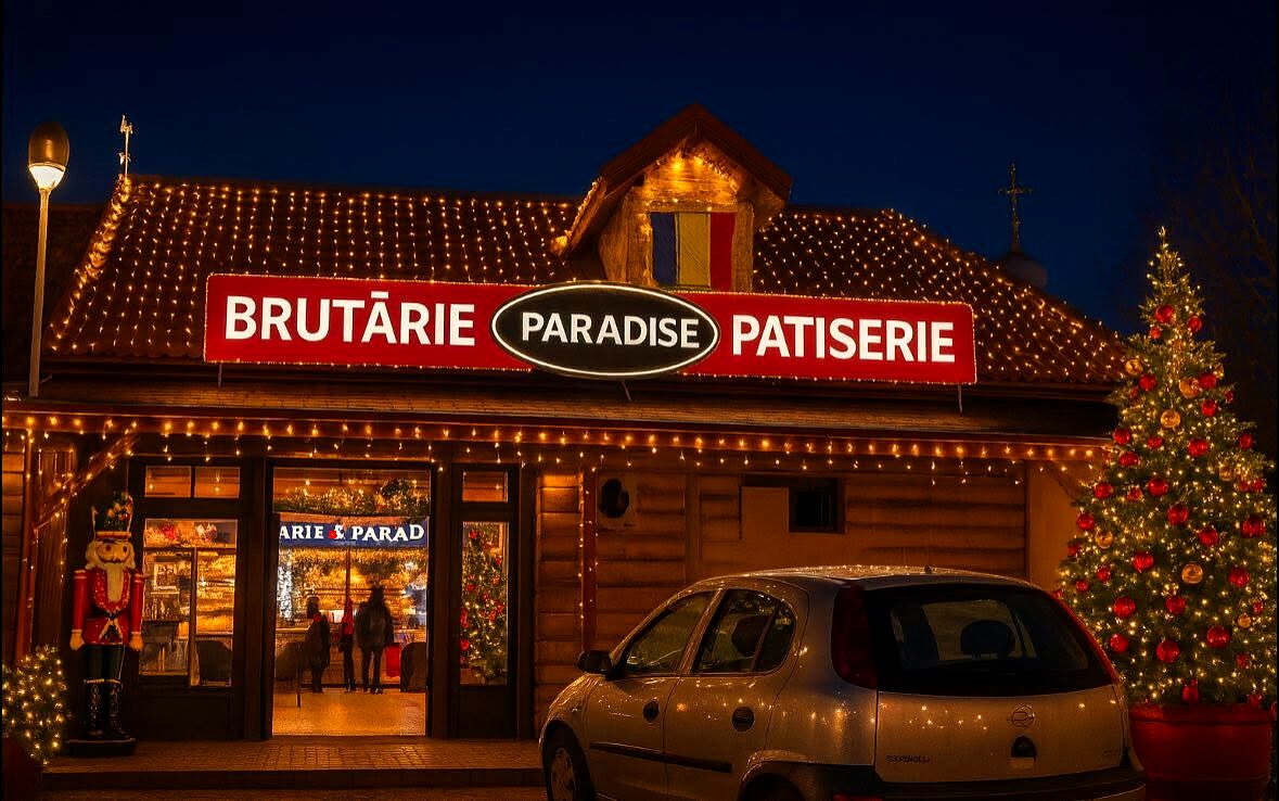Firma luminată Brutărie Paradise Patiserie, la Sânandrei, pe timp de noapte